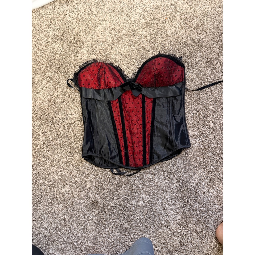 Adore Me Corset Top Red Black Polka Dot Lace Up Back Sweetheart Neck XL